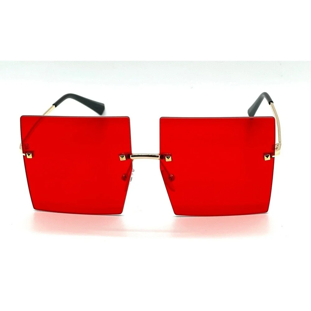 Men Square Sunglasses Rimless Red Lens Gold Frame‎ Fashion Sun Glasses  Lentes